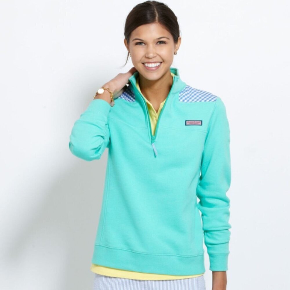 Vineyard Vines 1/2 Zip Shep Pullover Sweatshirt teal gingham large 41780